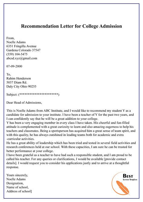 Recommendation Letter for College Admission-01 – Best Letter Template