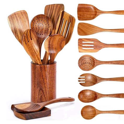 8 In 1 Eco Friendly Bamboo Kitchen Utensil Set Tool Kitchenware Bamboo Utensil Holder Included