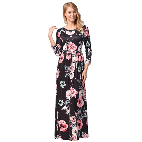 2018 Summer Long Dress Floral Print Women Casual Tunic Boho Long Sleeve O Neck Maxi Beach