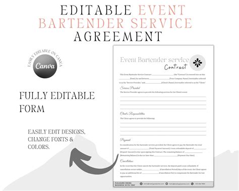 Bartender Agreement Contract Bartending Editable Template Bartender