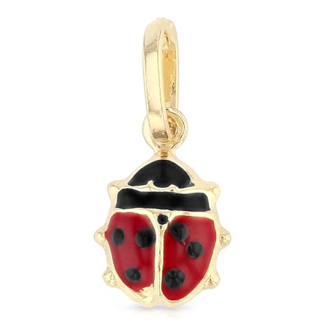 Ioka K Yellow Gold Lady Bug Colored Enamel Lucky Charm Pendant For