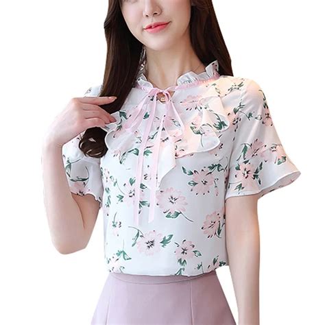 Korean Office Ladies Bows Ruffles Formal White Blouses Women Summer