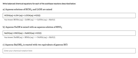 SOLVED: Write balanced chemical equations for each of the acid-base ...