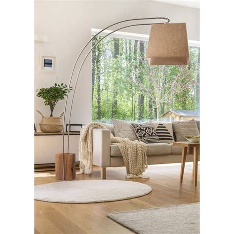 Grand Lampadaire Contemporain Arc De Cercle Metal Bois Abat Jour Tissu