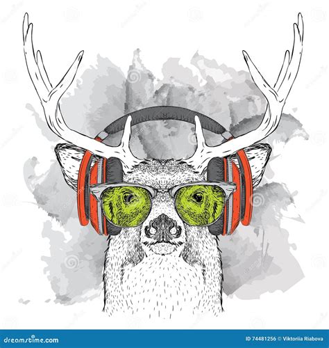 Portrait Of Deer With Glasses And Headphones Vector Illustration