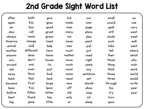 Nd Grade Sight Word List Printable Nd Grade Spelling Words Sight