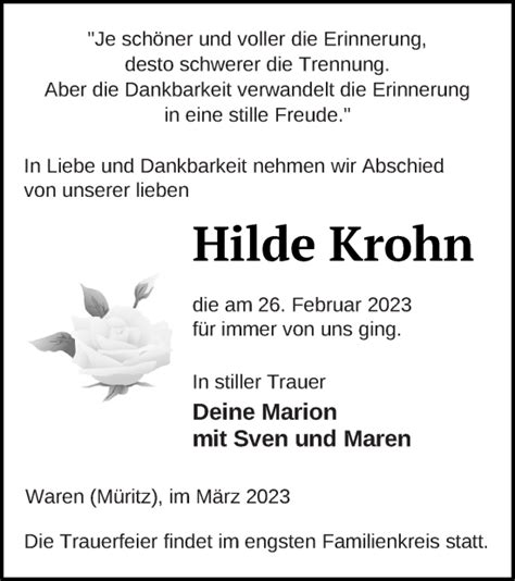 Traueranzeigen Von Hilde Krohn Trauer Nordkurier