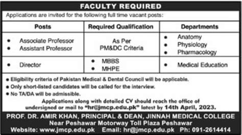 Faculty required at Jinnah Medical College Peshawar 2024 Job ...