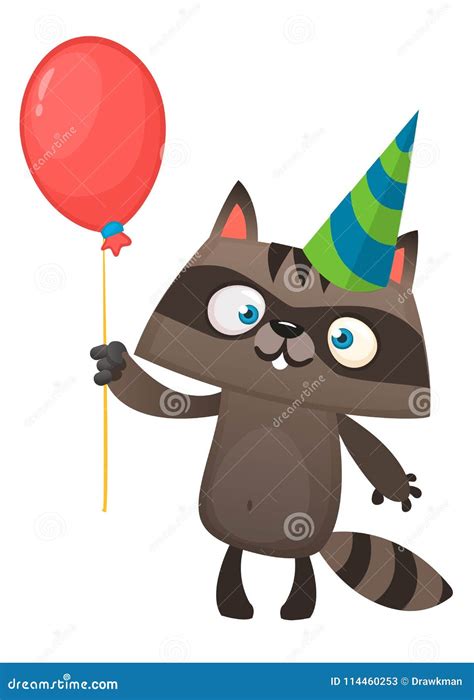 Funny Cartoon Raccoon Holding Red Balloon Wearing Birthday Party Hat