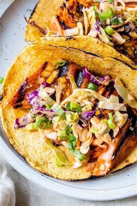 Korean Inspired Salmon Tacos With Spicy Slaw Skinnytaste In 2024 Salmon Tacos Salmon Tacos