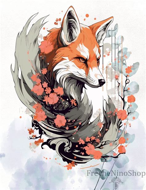 Kitsune Svg Japanese Fox Svg Floral Fox Svg Anime Fox Png Fox Head Svg