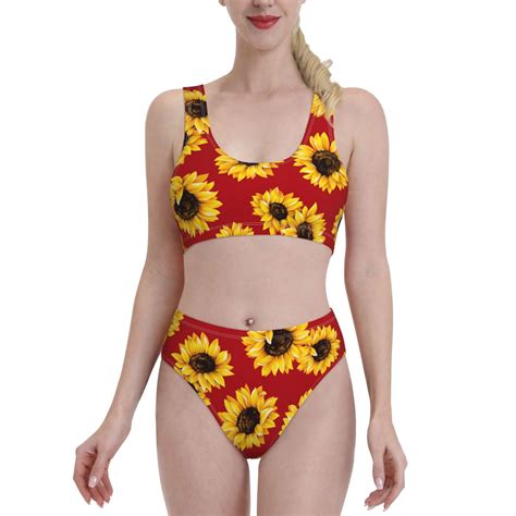 Haiem Sunflowers On Red Womens Bikini Set Two Piece High Waisted Bathing Suit With Square Neck