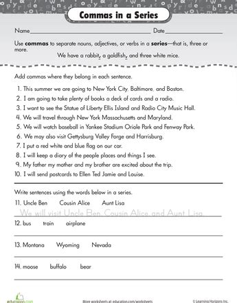 Commas In A List Worksheet