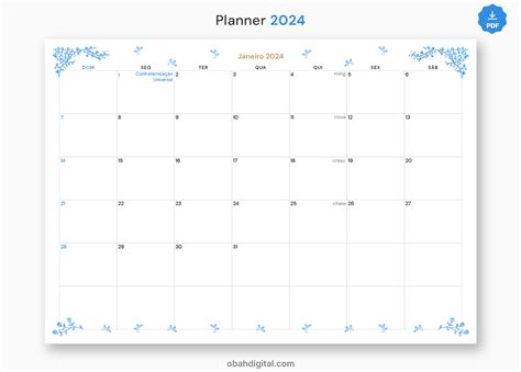 Planner Digital Mensal A Para Imprimir Obah Digital