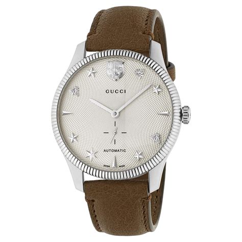 Gucci G Timeless Bee Silver Tone Dial Brown Leather Strap Watch