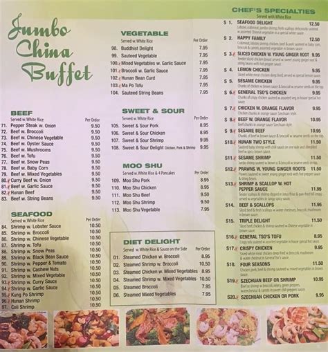 Menu at Jumbo China Buffet restaurant, Huntingdon