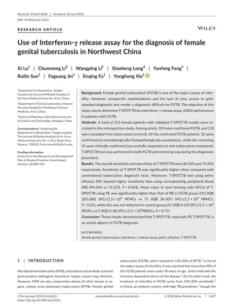 Use Of Interferon γ Release Assay For The Diagnosis Of Female Genital Tuberculosis In Northwest