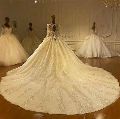 Custom Made Long Sleeve Ball Gown Wedding Dress With Train • Tpbridal