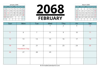 February 2068 Calendar Templates