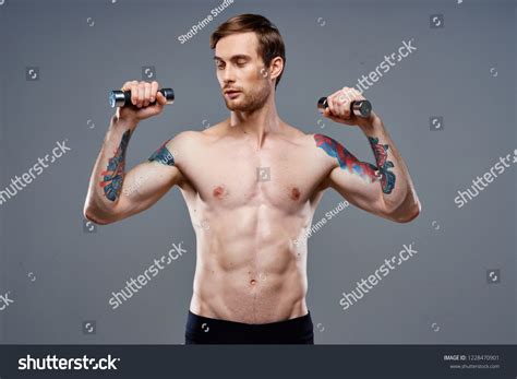 Man Naked Torso Holds Dumbbell His库存照片 Shutterstock