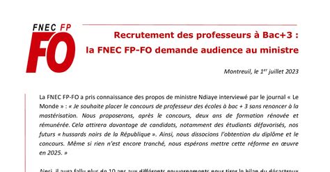 FNEC FP FO Recrutement des professeurs à Bac 3 la FNEC FP FO