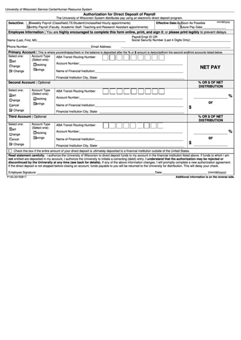 Fillable Authorization For Direct Deposit Of Payroll Form Printable Pdf