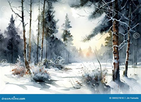 Winter Landscape With Pine Trees And Snowflakes Watercolor Painting Stock Illustration