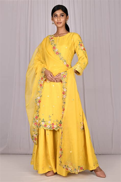 Buy Khwaab By Sanjana Lakhani Yellow Dola Silk Mirrorwork Kurta Sharara