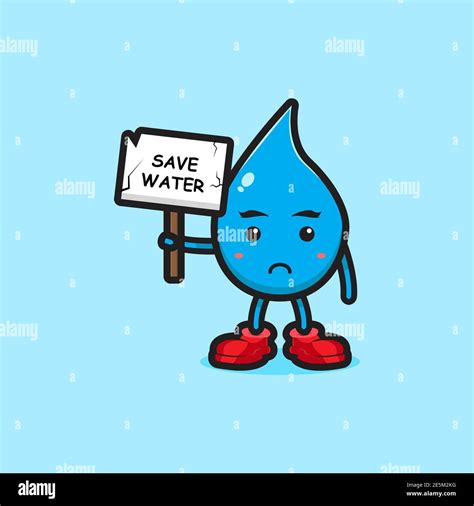 Cute Water Character Holding Board Save Water Cartoon Vector Icon