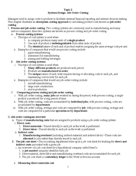 Job Order Costing Lecture Notes Topic 2 Systems Design Job Order Costing Managers Need To