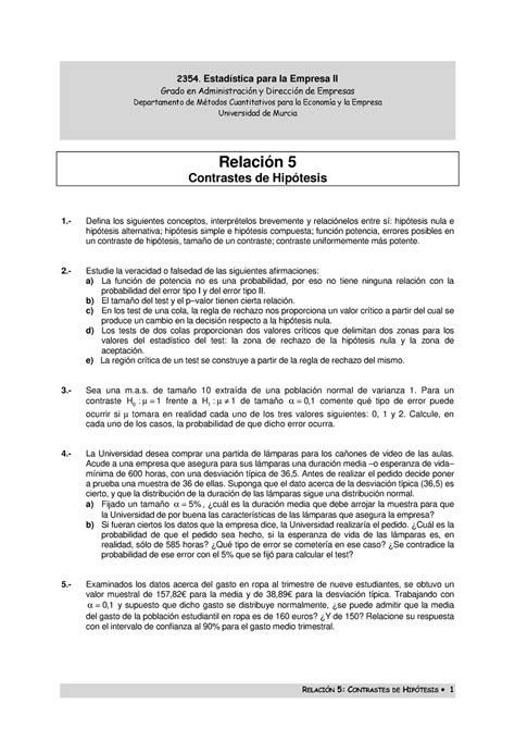 Relación 5 Matemáticas RelaciÓn 5 Contrastes De HipÓtesis •••• 1