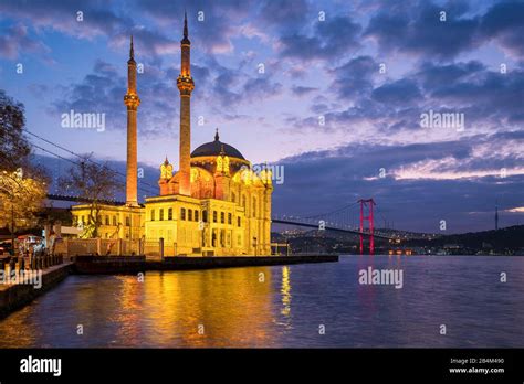 Ortakoy Mosque With Bosphorus Bridge In Istanbul Turkey At Night Stock