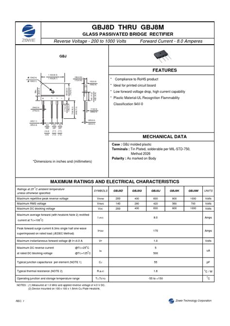 GBJ8J GLASS PASSIVATED BRIDGE RECTIFIER Datasheet PDF