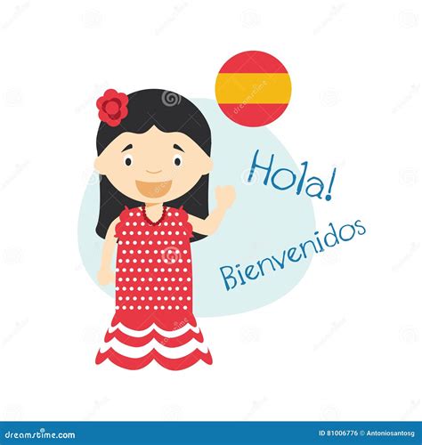 Cartoon Characters Saying Hello and Welcome in Spanish Stock Vector ...