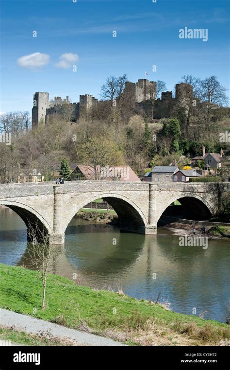 Dinham Bridge Over River Teme With Ludlow Castle Shropshire Uk Stock