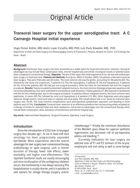 Pdf Transoral Laser Surgery For The Upper Aerodigestive Tract Ac Camargo Hospital Initial