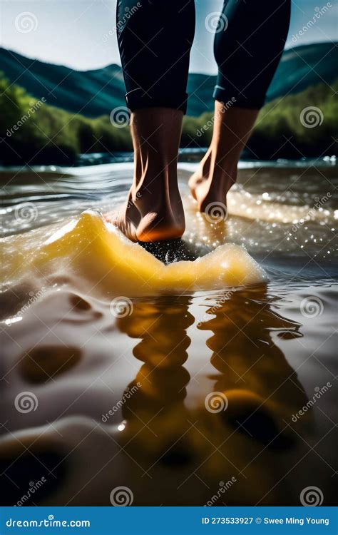 Image Of Someone Bare Feet Soaking And Walking In A Flowing River