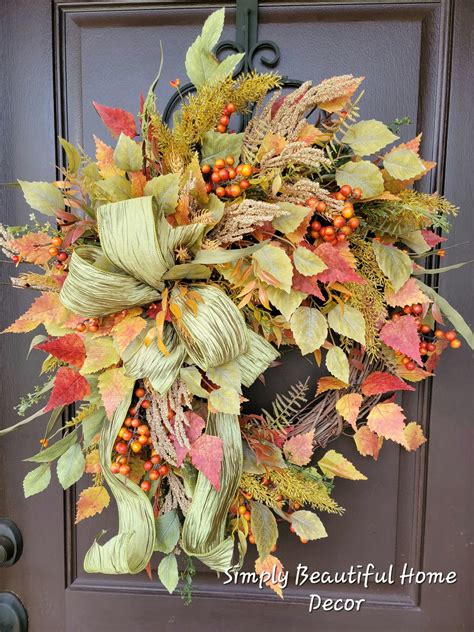 Elegantly Autumn Wreath With Fall Leaves, Berries and Satin Bow, Handmade Design, Fall Wreaths ...