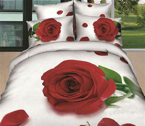 Beautiful Red Rose And Green Leaves Print 4 Piece Bedding Sets Rose