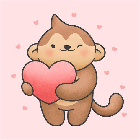 Premium Vector Cute Monkey Holding Heart Cartoon Hand Drawn Style