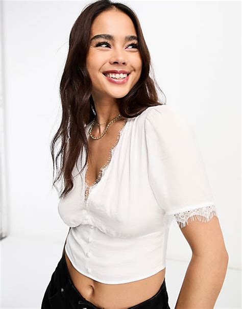 Stradivarius Satin And Lace Blouse In White Asos