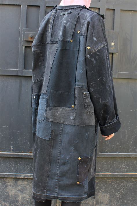 Black Patchwork Ripped Denim Coat Oversize Black Robe Unisex