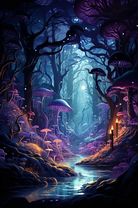 An Image Of A Fantasy Forest Scene With Trees And Lights In The Dark