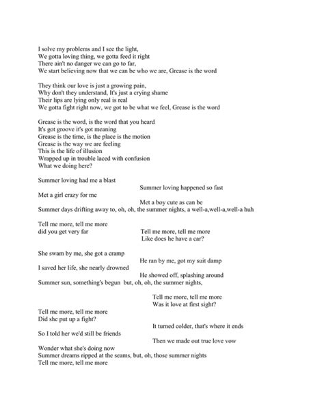 Grease Lyrics Revised