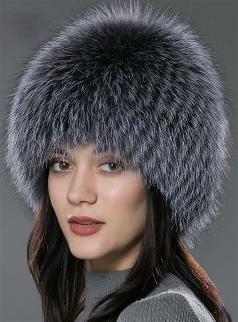 Fur Hat Genuine Fox Fur Hats Knitted Silver Winter Plaid Winter Hats