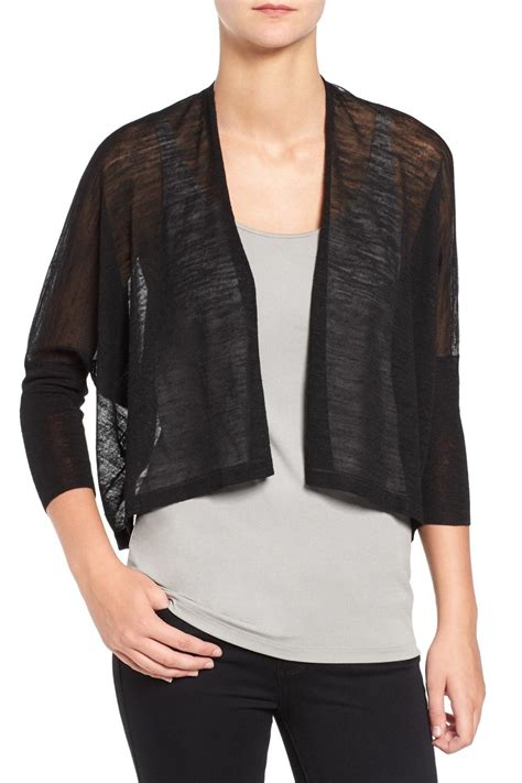 Eileen Fisher Linen Sheer Length Sleeve Cardigan In Black Lyst