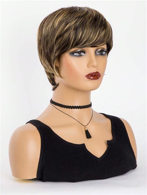 Highlight Synthetic Ombre Light Brown Honey Blonde Short Straight Pixie Cut Hair Style Wigs With