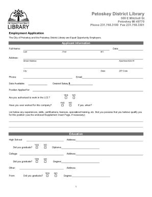 Fillable Online Petoskey District Library Employment Application Fax