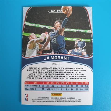 Ja Morant Panini Chronicles 2019 20 Marquee RC NBA Cards Hobbies