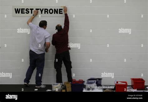 A sign is put up in the count centre at the Omagh Leisure centre, Omagh, as the count for Tyrone ...